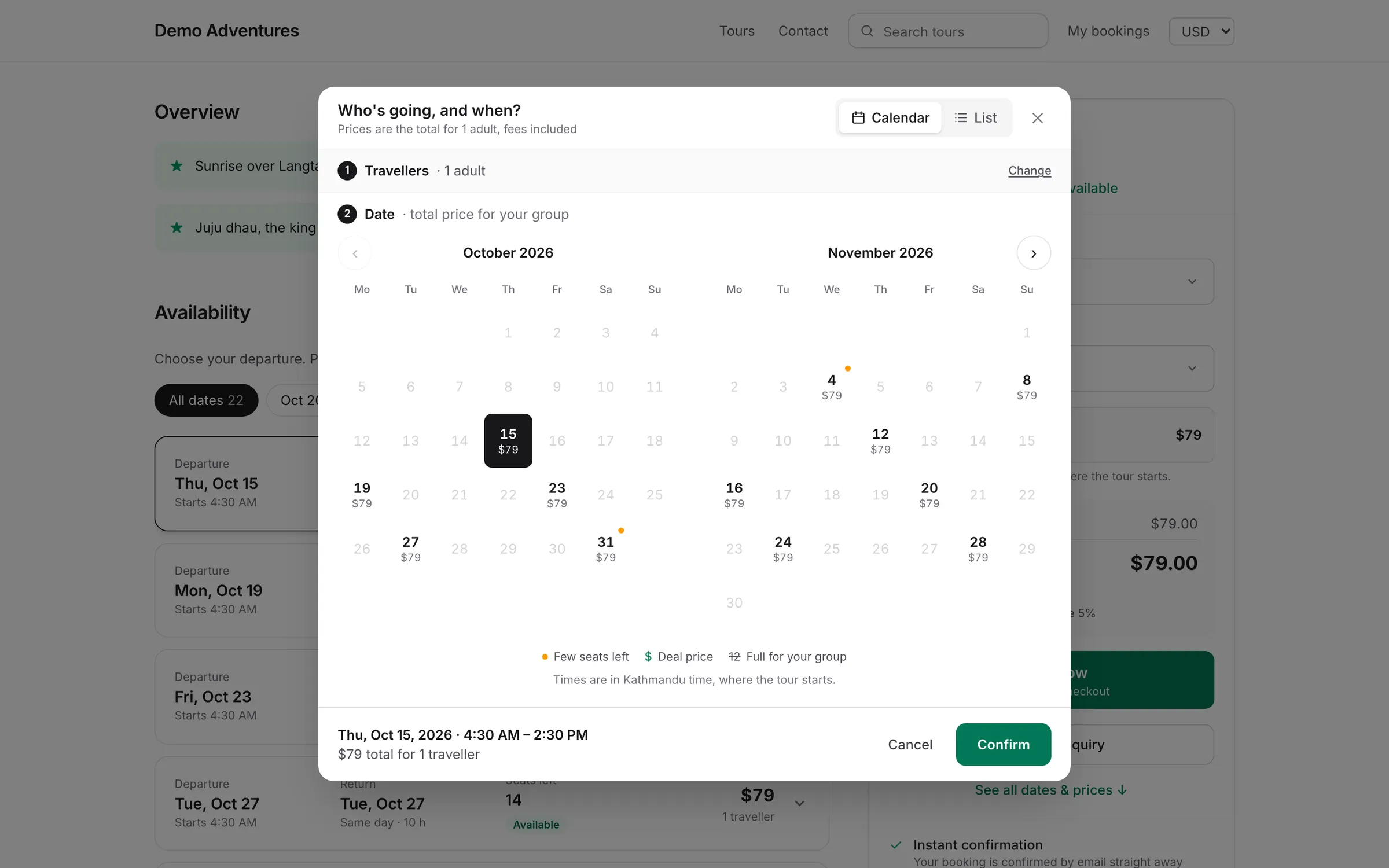 The date picker on a Tourtify website: two months with the price for the group on every date
