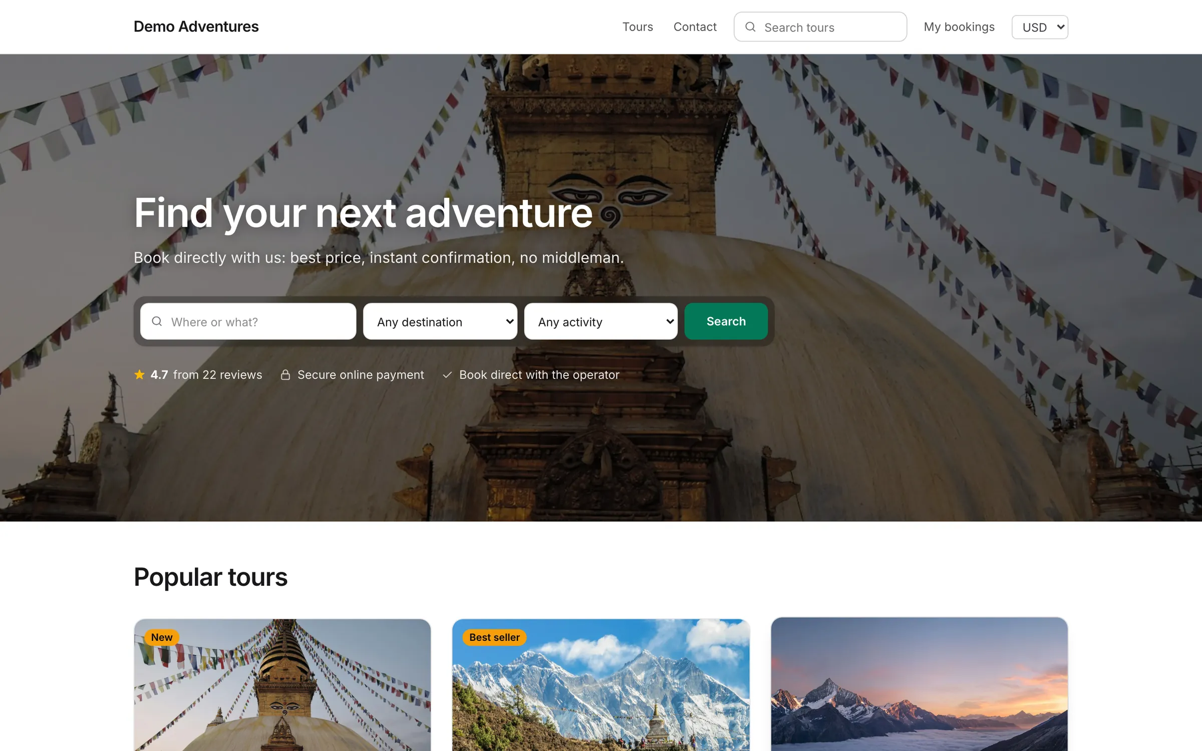 A tour operator's booking website made with Tourtify: hero with tour search and popular tours