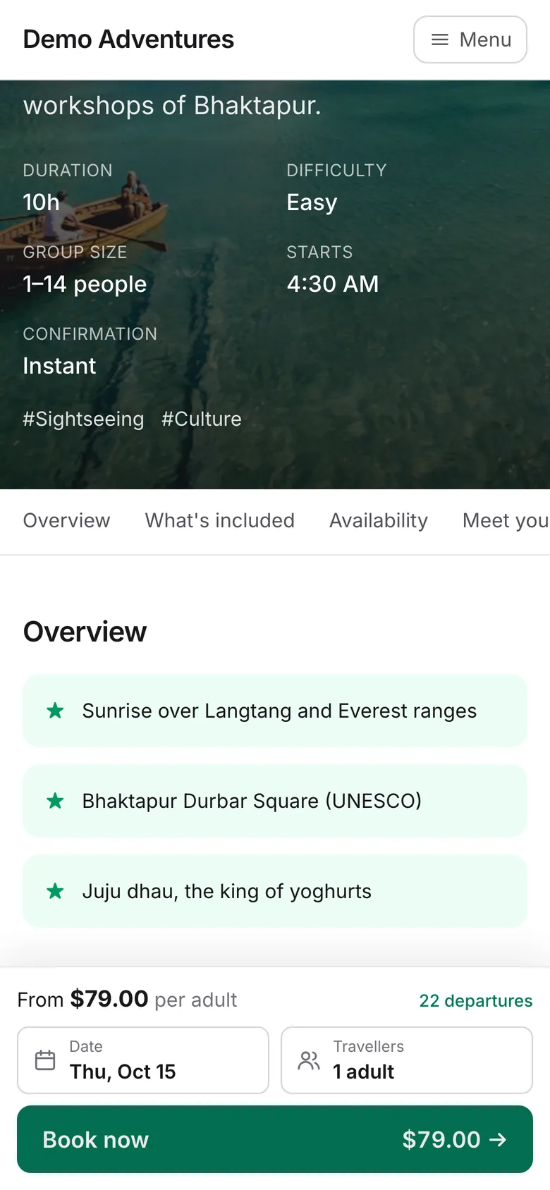 A tour page on a phone, with the booking bar always in reach