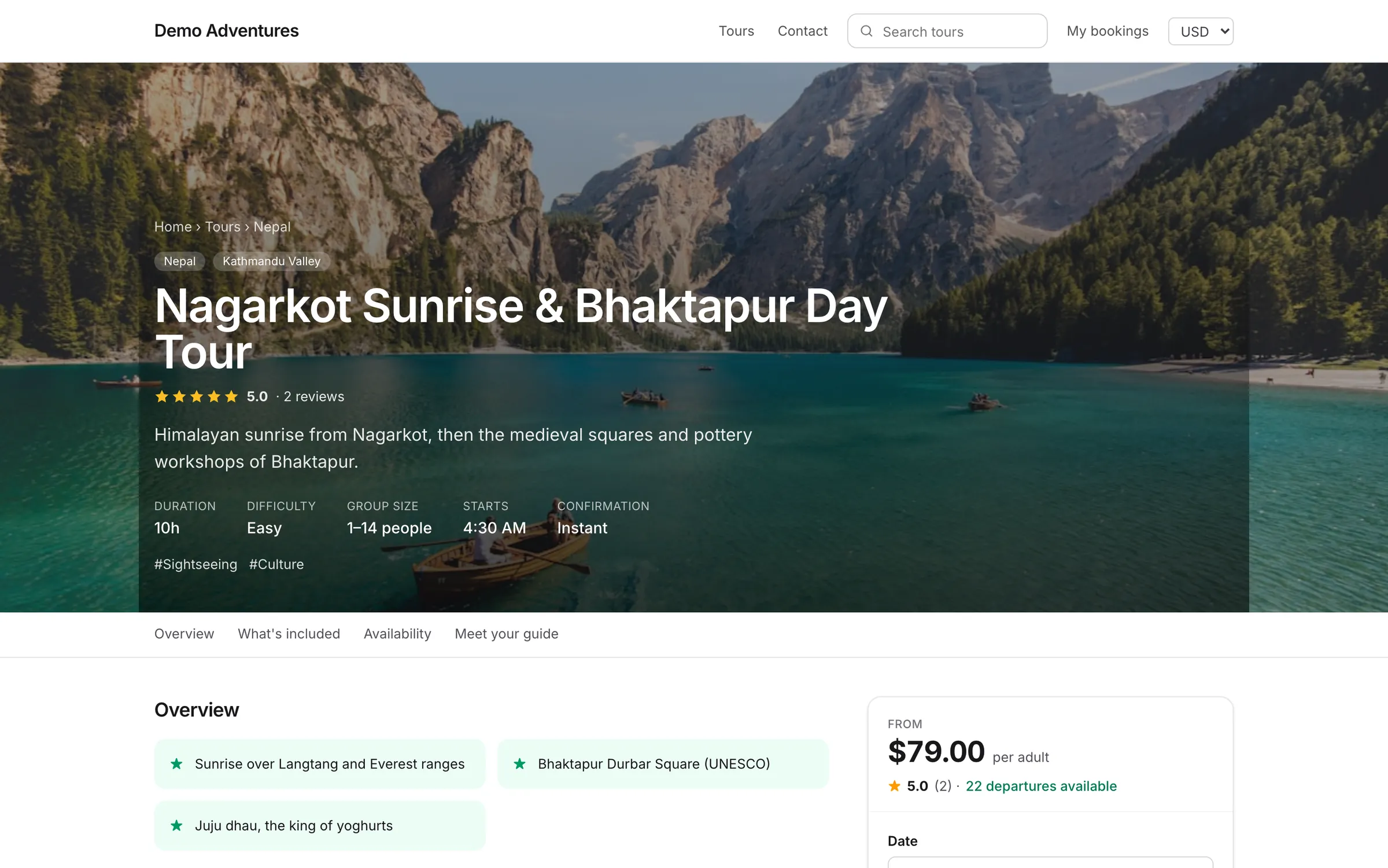 A tour page on a Tourtify website: photo header, key facts, highlights and the booking panel