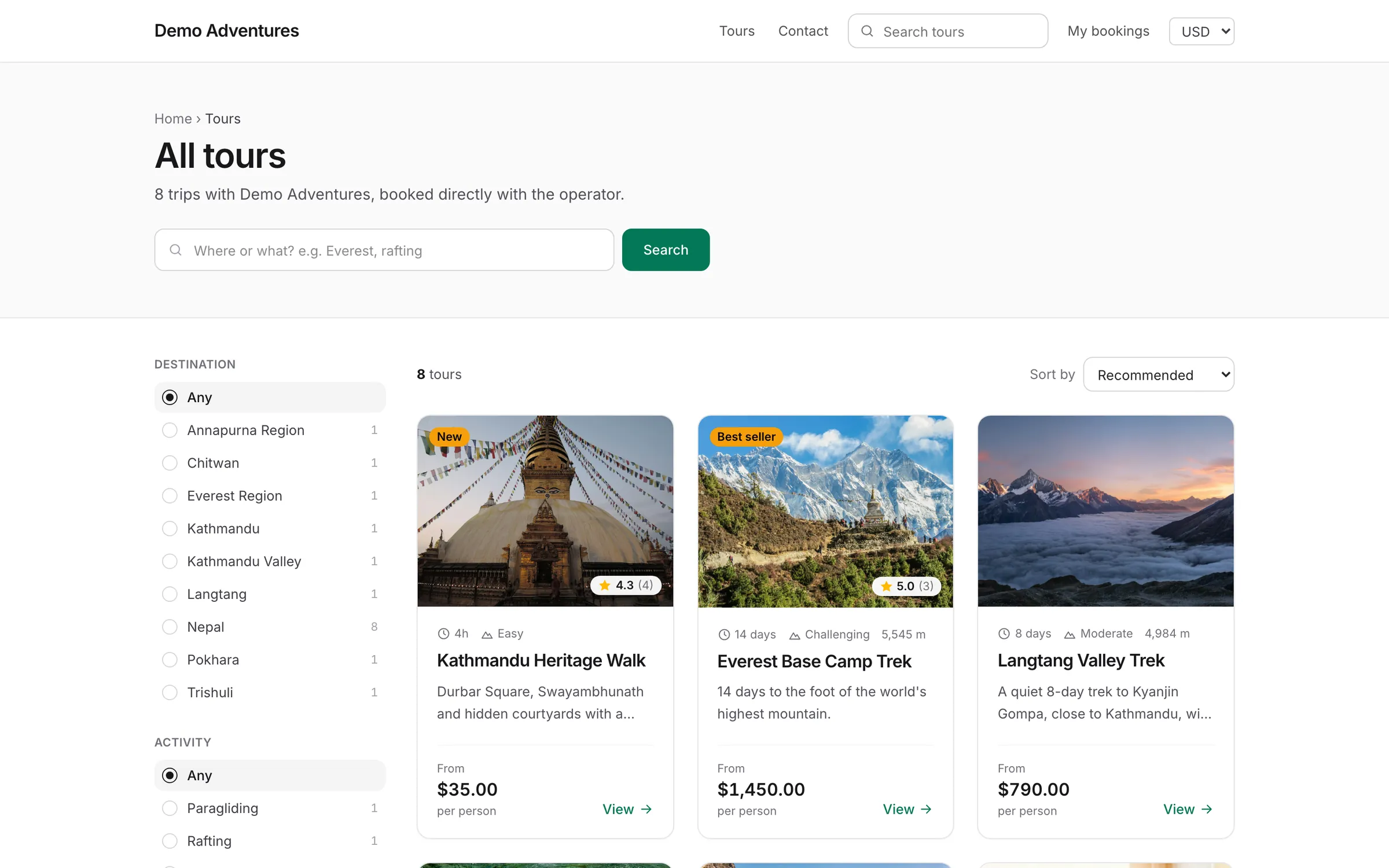 The tour listing on a Tourtify website, with filters by destination and activity