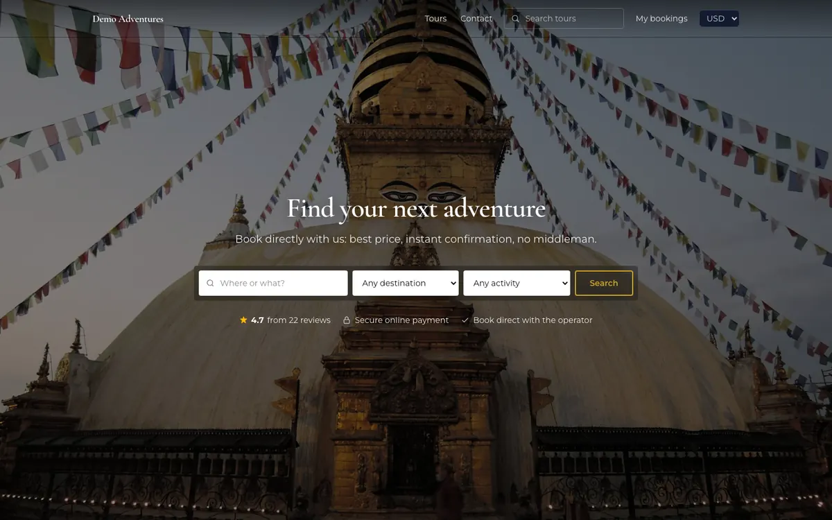 The Aurora theme on a tour operator's home page