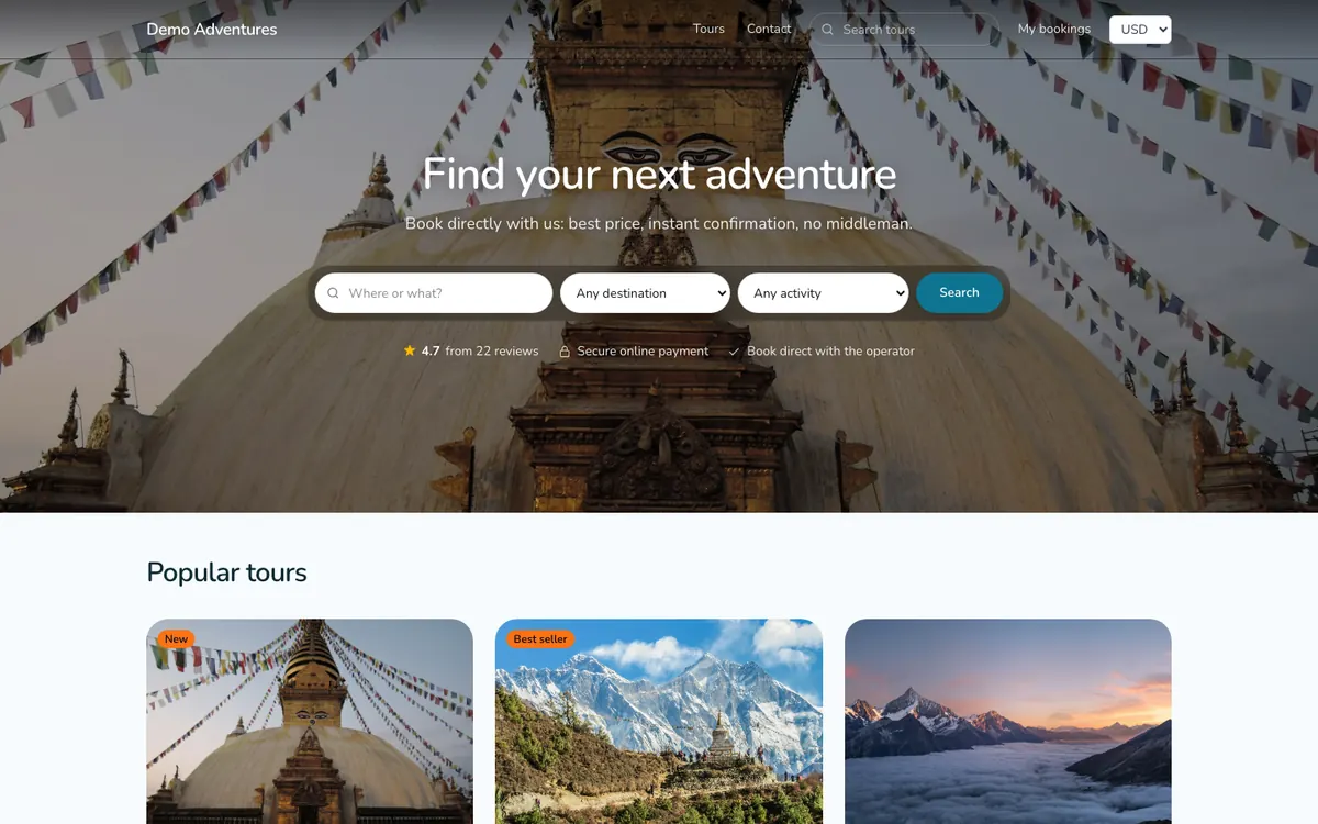 The Coastal theme on a tour operator's home page