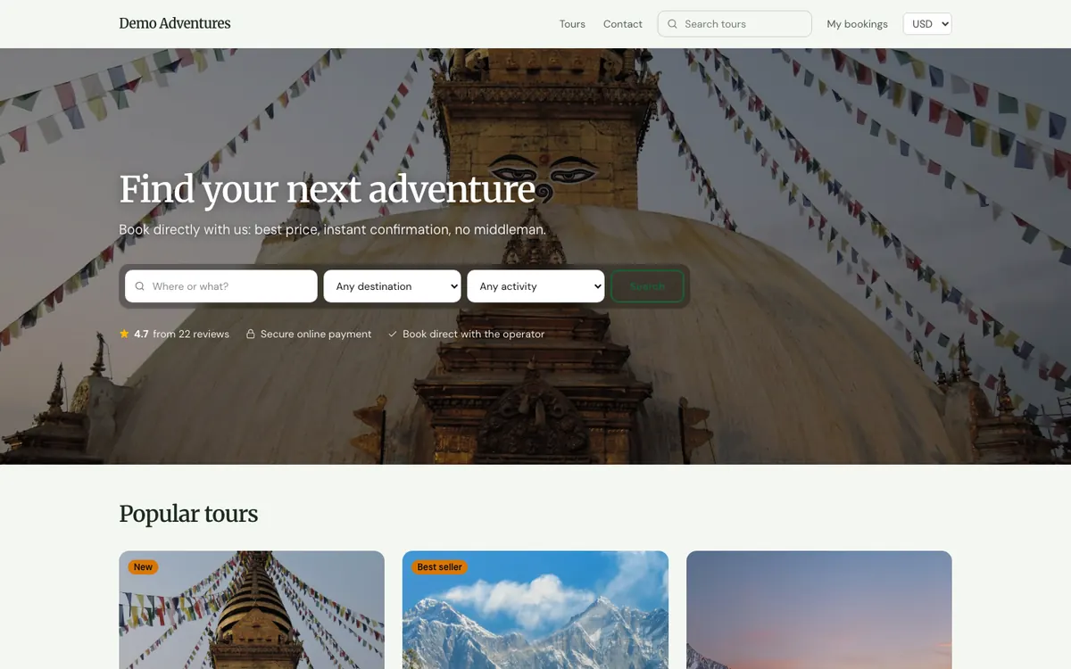 The Jungle theme on a tour operator's home page
