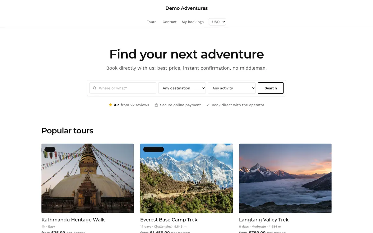 The Minimal theme on a tour operator's home page