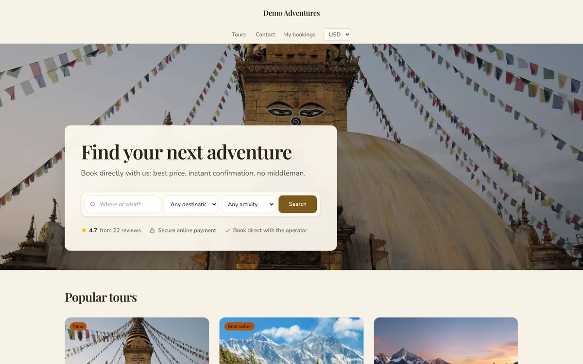 The Safari theme on a tour operator's home page