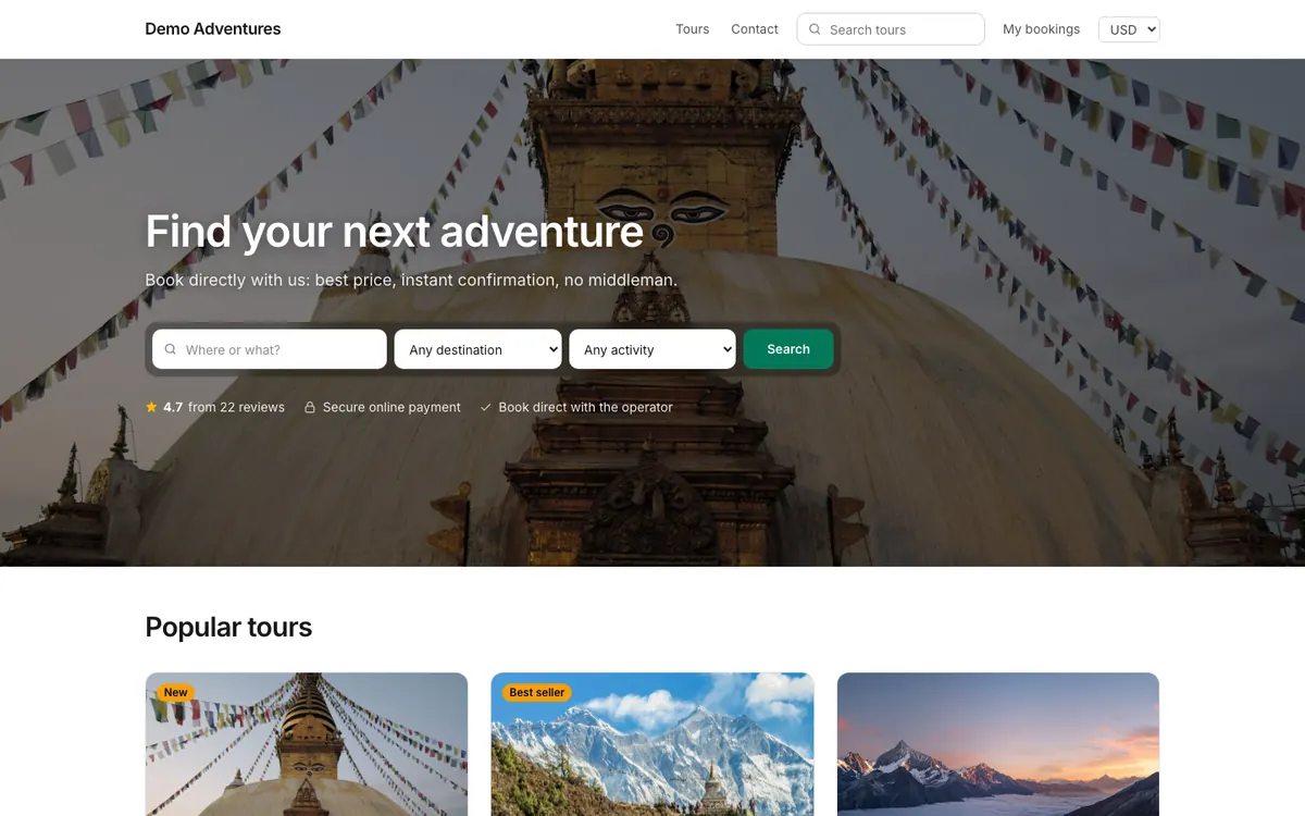 The Summit theme on a tour operator's home page