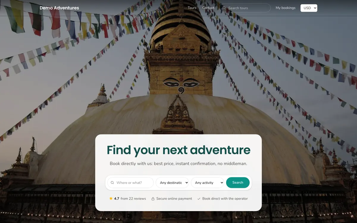 The Tropic theme on a tour operator's home page